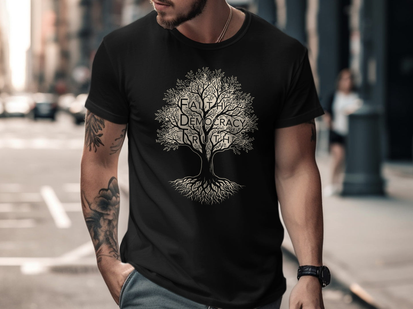 Black t-shirt with a tree of life graphic showing "faith, democracy, truth" within branches.