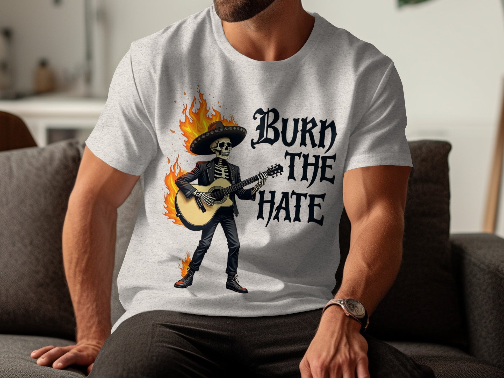 Burn The Hate Skull Guitarist Printed Shirt product