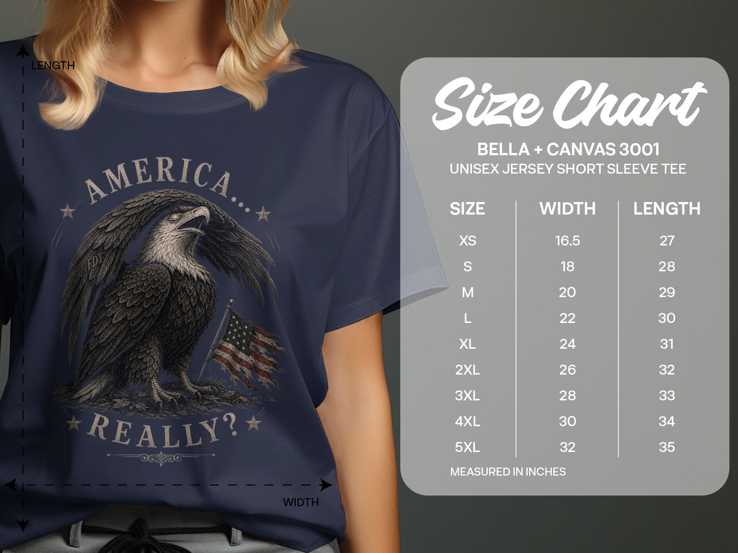 T-shirt with eagle and American flag graphic and size chart.