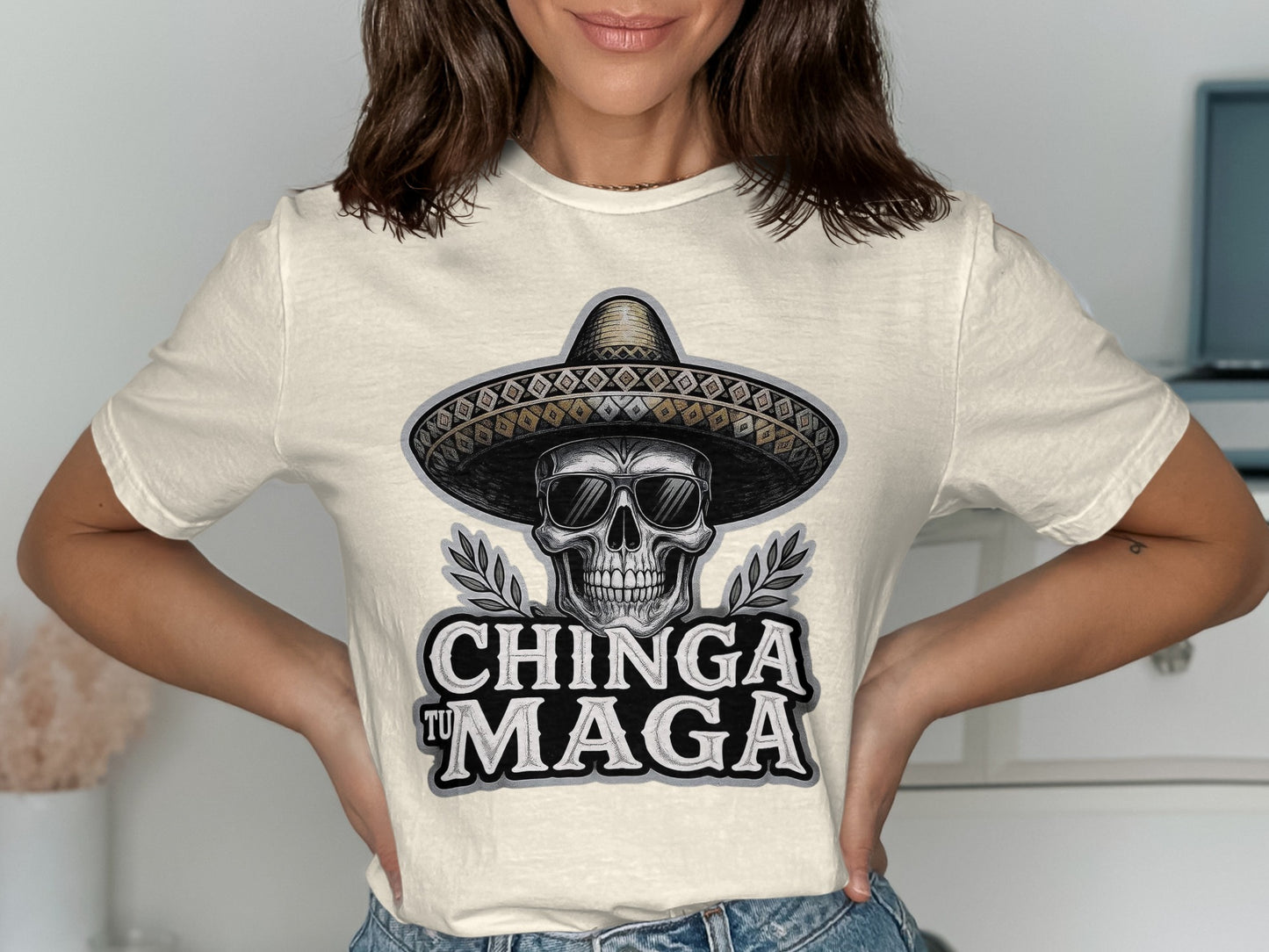 Chinga Tu Maga Graphic Tee with Skull Design product type