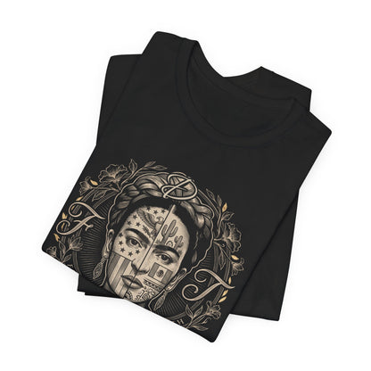 Black t-shirt with Frida Kahlo portrait featuring American flag and floral elements.