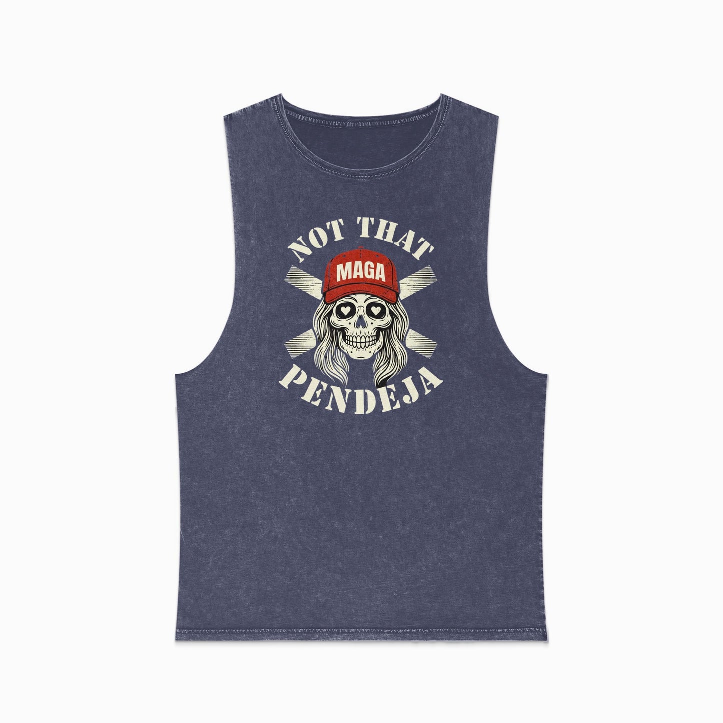 Muscle tank with "Not That MAGA Pendeja" text and crossed baseball bats graphic.