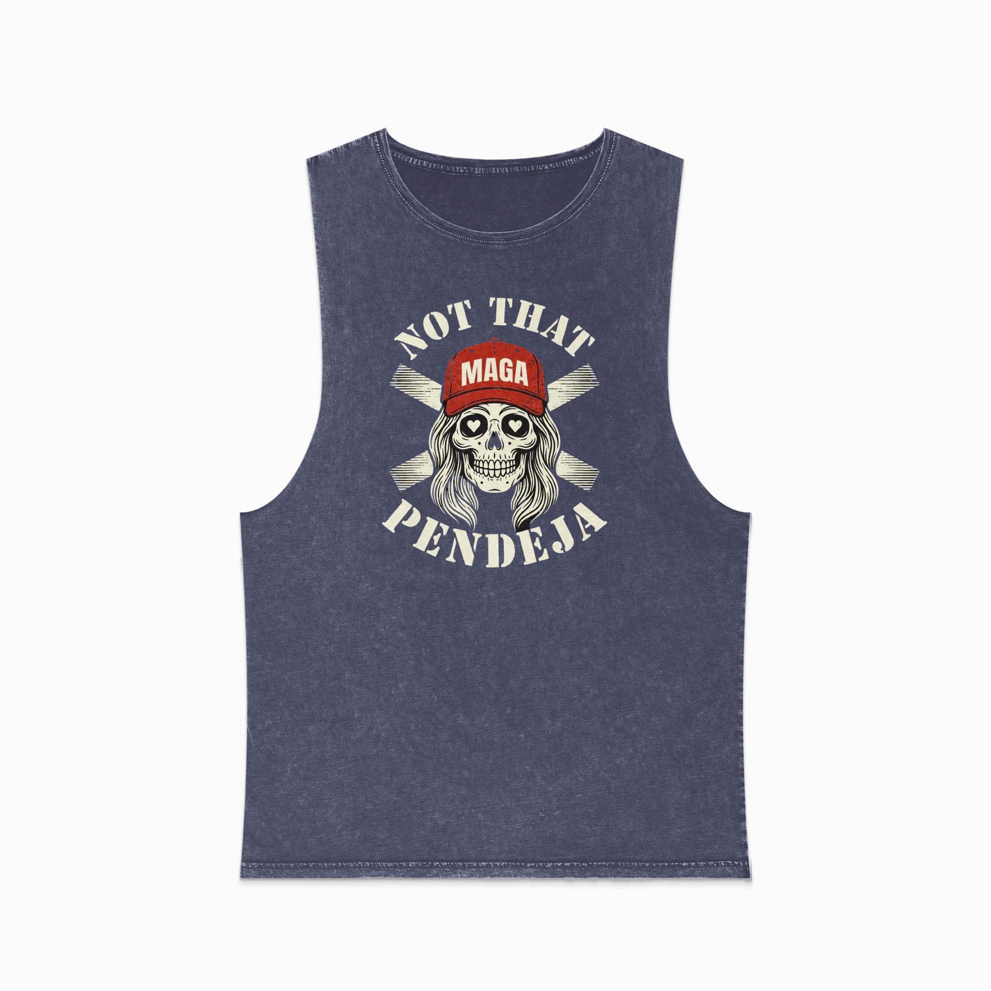 Muscle tank with "Not That MAGA Pendeja" text and crossed baseball bats graphic.