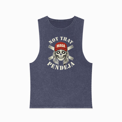Muscle tank with "Not That MAGA Pendeja" text and crossed baseball bats graphic.