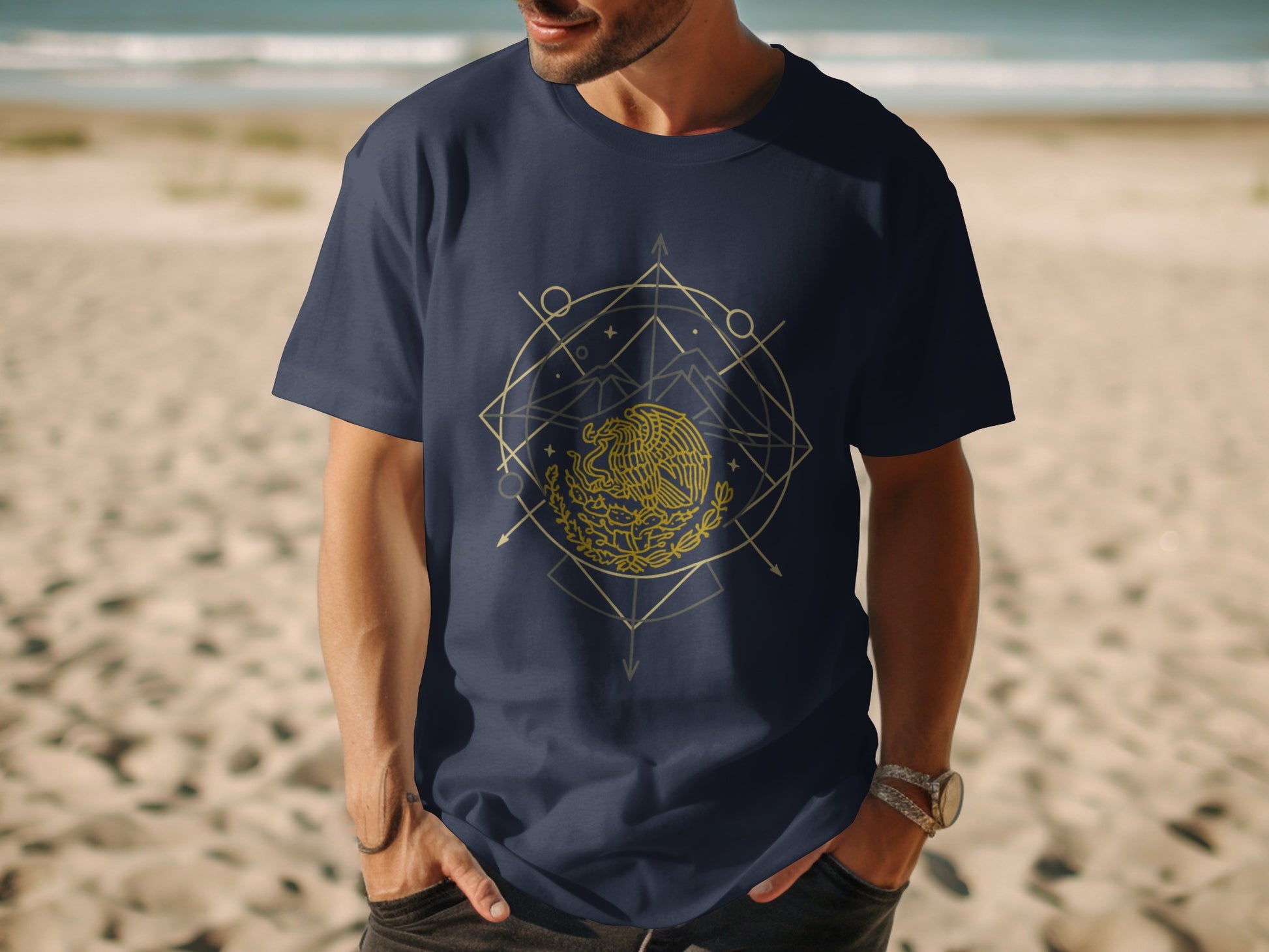 Stylish Geometric Eagle Design on Navy Blue T-shirt product