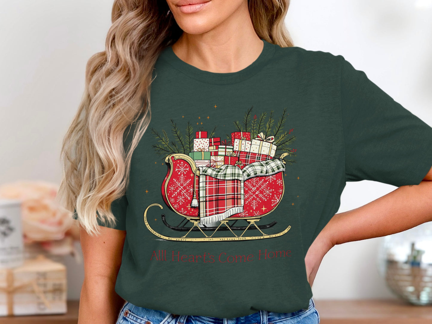 All Hearts Come Home Sleigh and Gifts Graphic Top