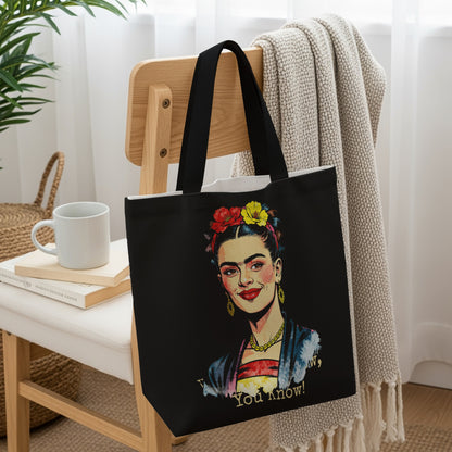 Black tote bag featuring a colorful Frida Kahlo portrait with "You know!" text.