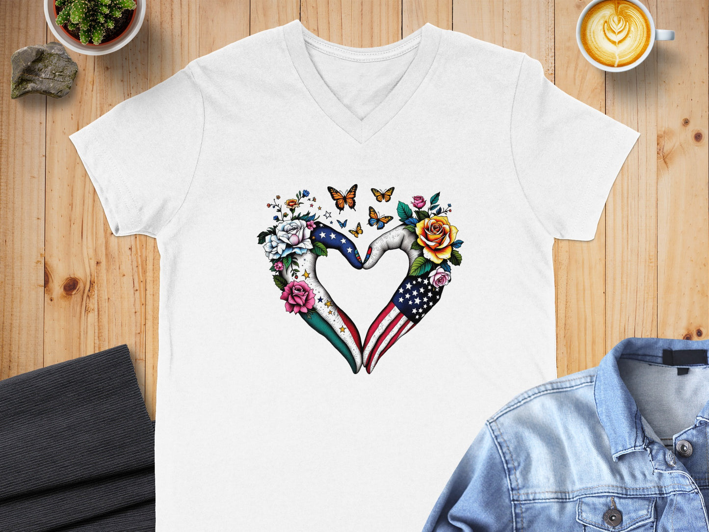 Heart-Shaped Design Flowers and Butterflies T-shirt product