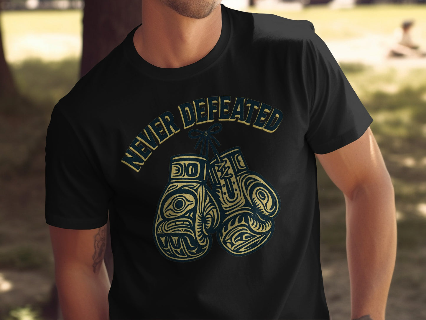 Never Defeated Boxing Gloves Design T-Shirt Product