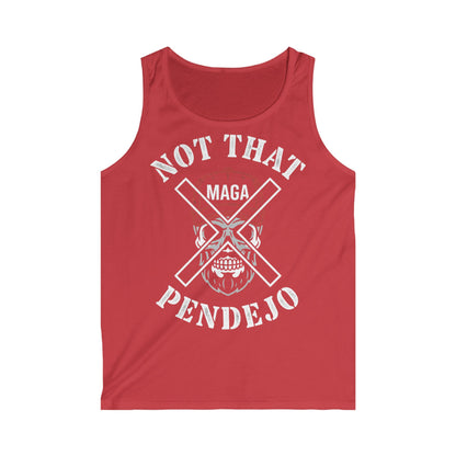 Red tank top with "NOT THAT MAGA PENDEJO" text and skull graphic.