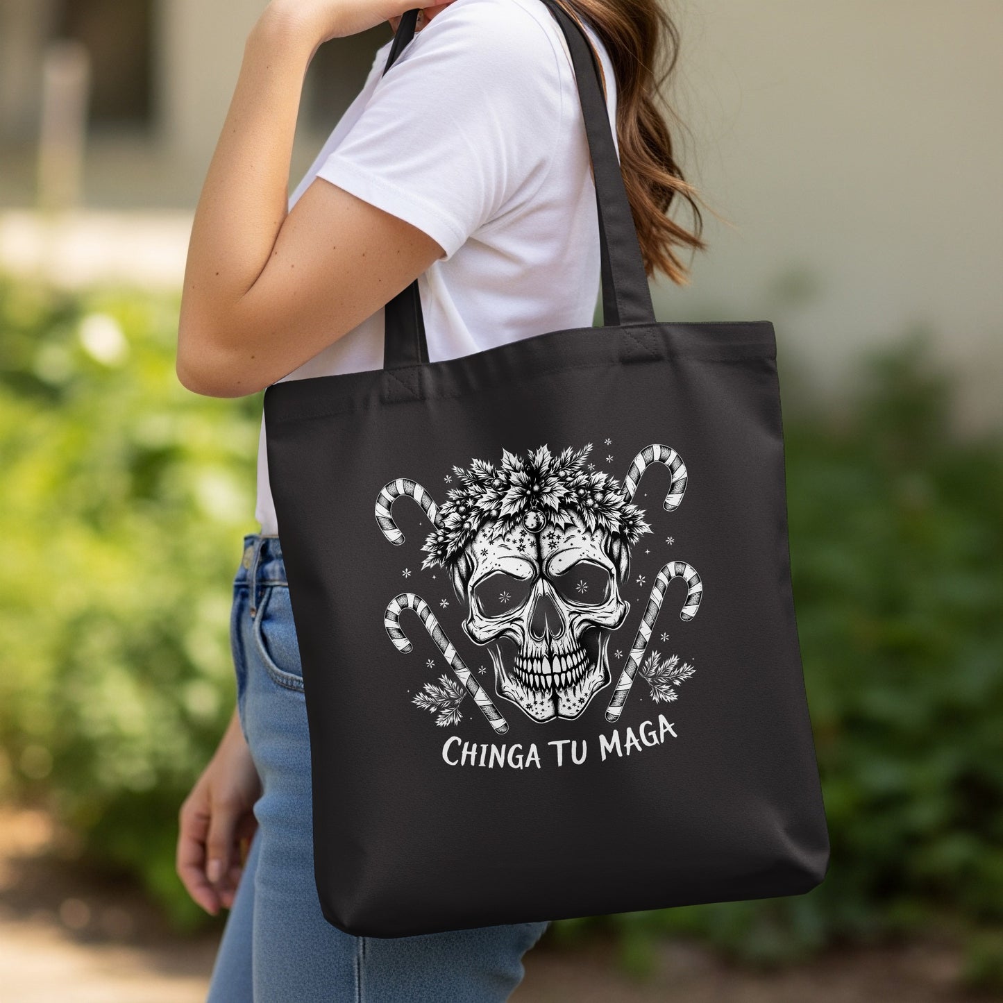 Chinga Tu Maga Tote Bag with Unique Skull Design