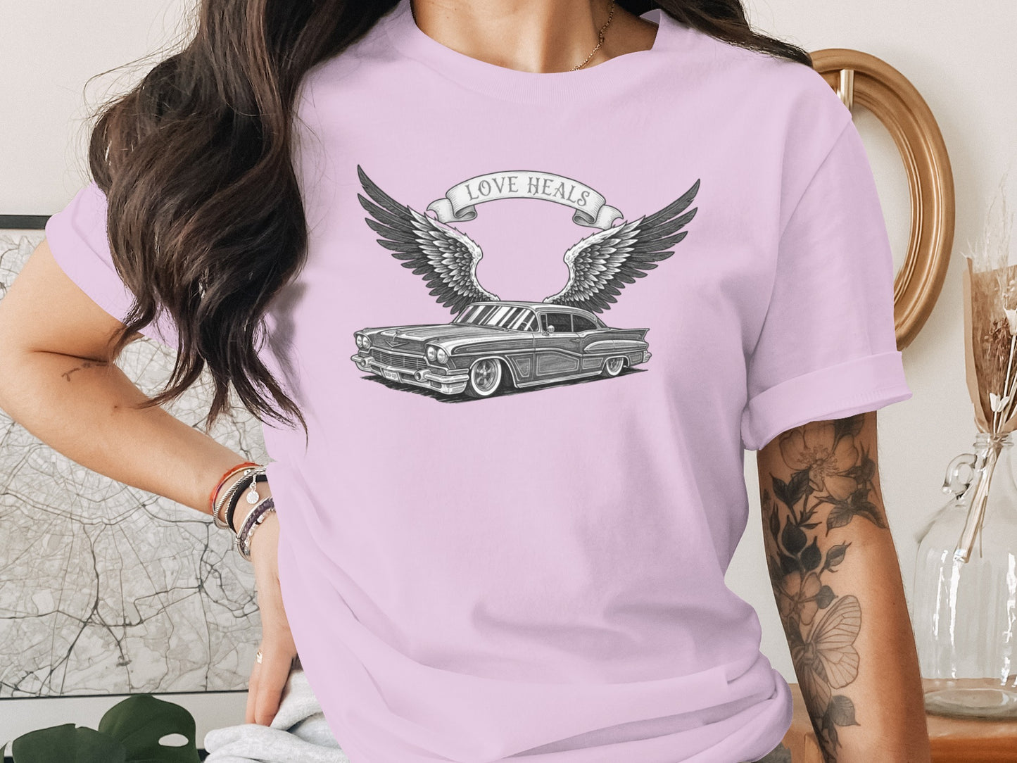 Love Heals Car with Wings Graphic Print T-shirt