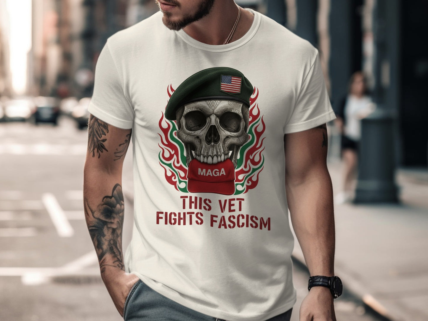 Skull With Flames And Hat This Vet Fights Fascism