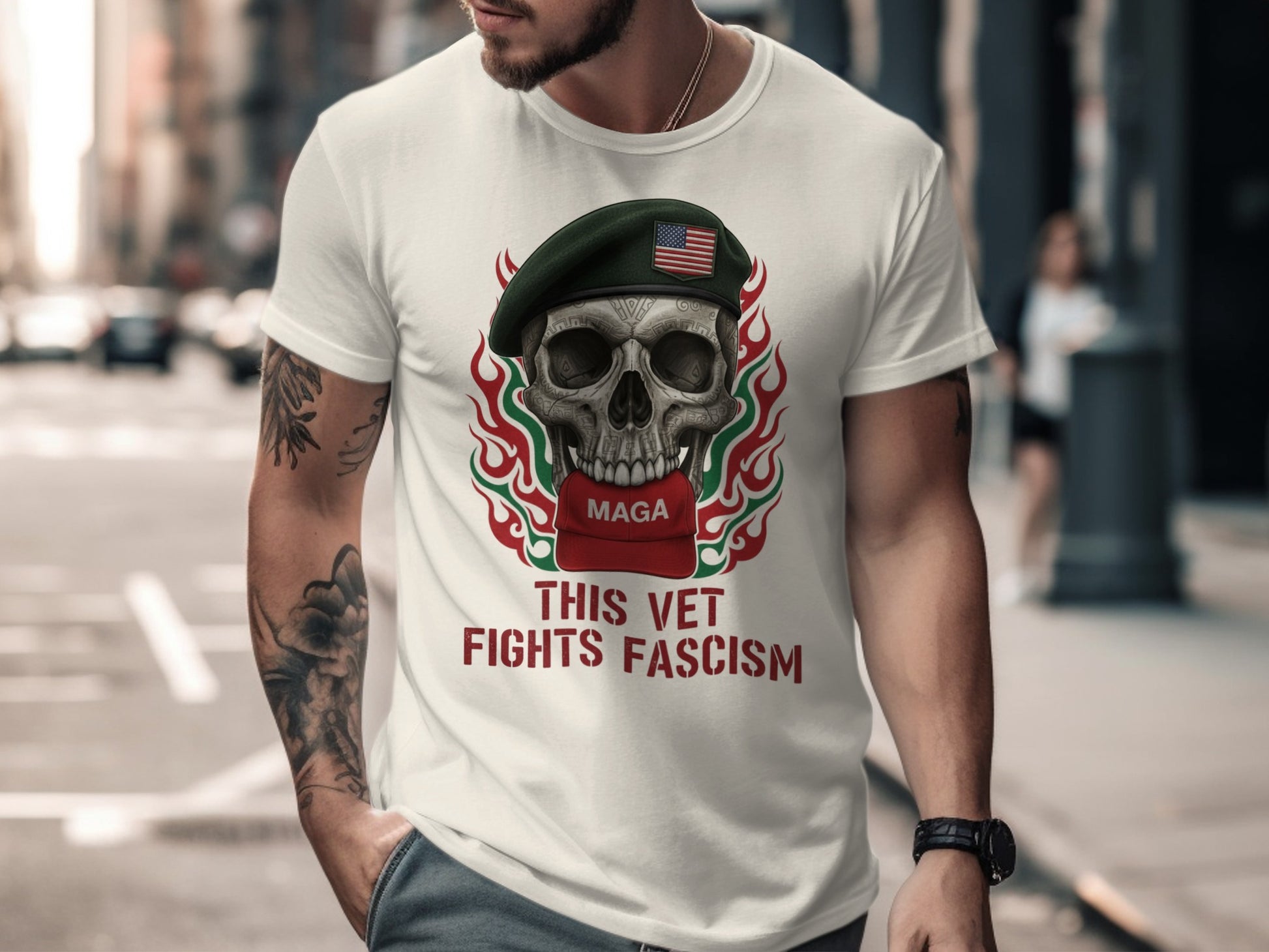Skull With Flames And Hat This Vet Fights Fascism