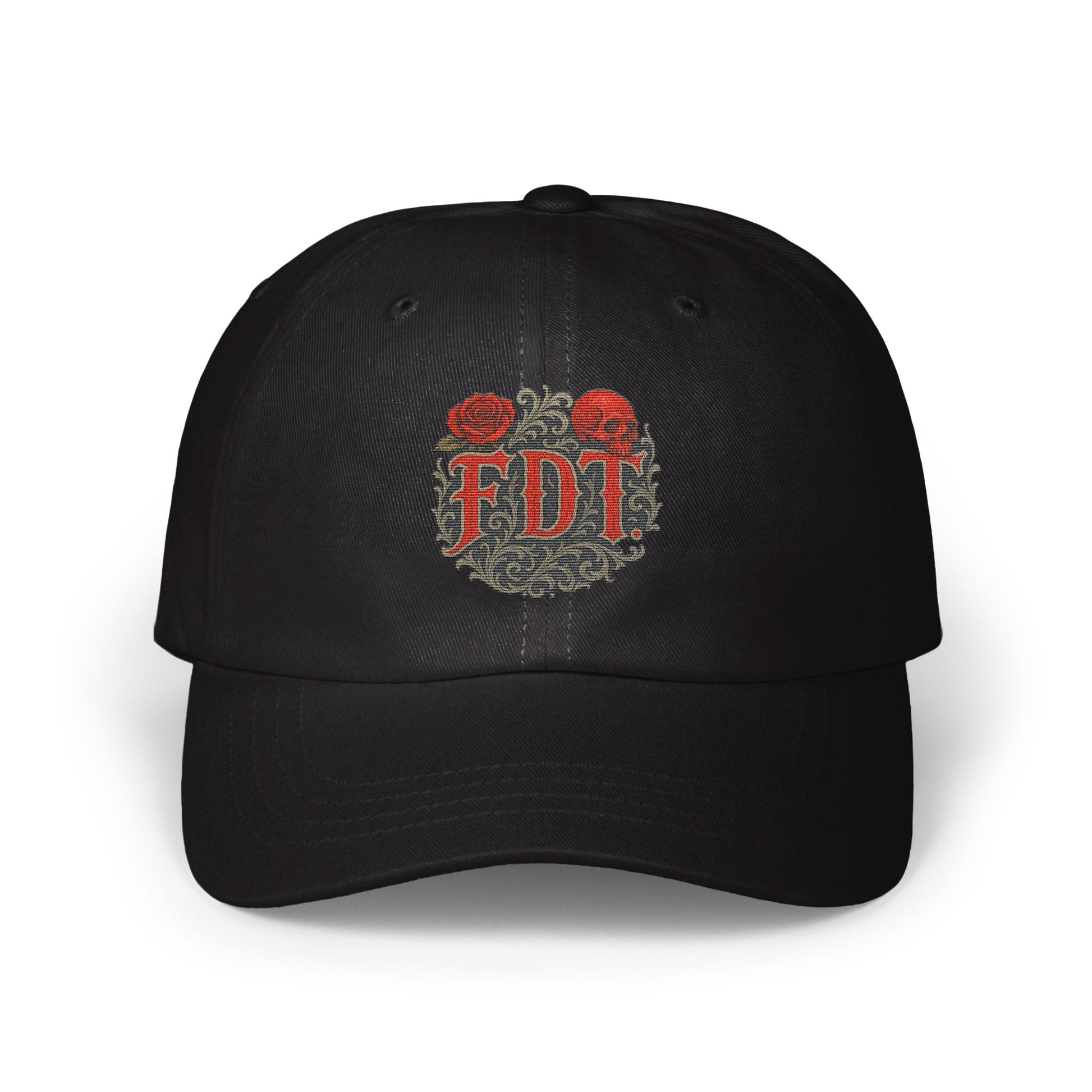 Stylish Black Cap With Intricate Red Design Hat product
