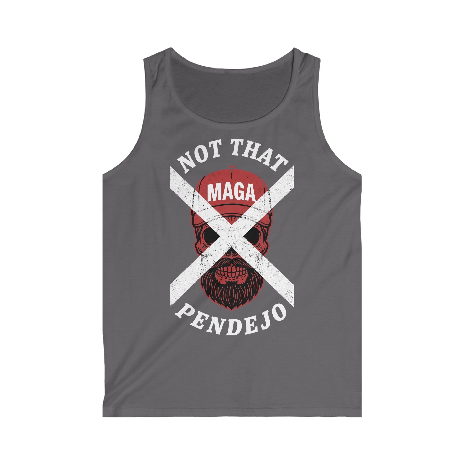 Skull with beard and text "NOT THAT MAGA PENDEJO" on a dark grey tank top.