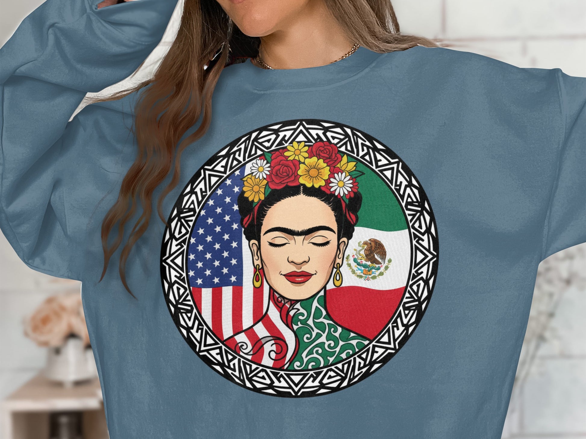 Colorful Sweatshirt with Flags and Artistic Portrait