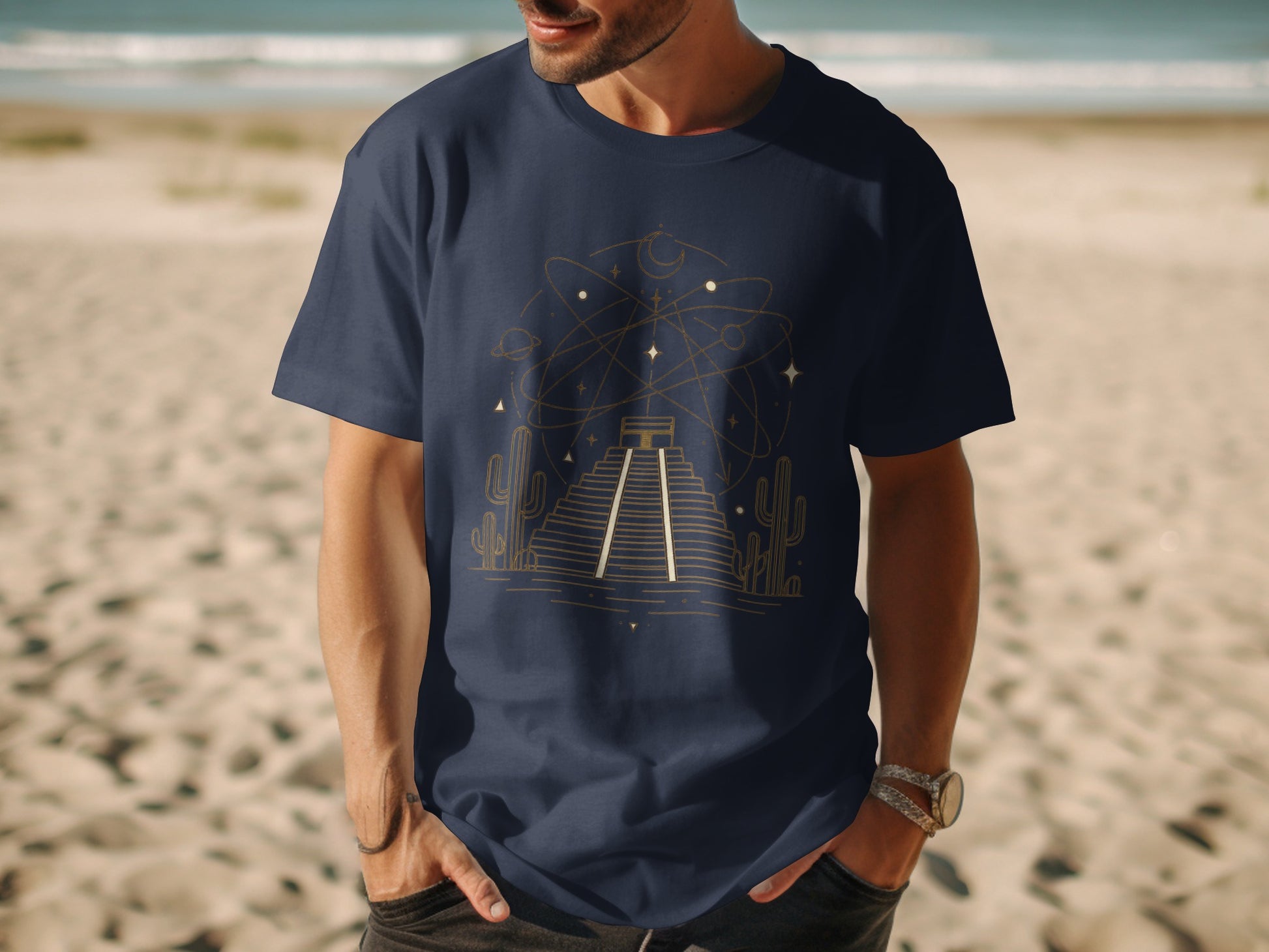 Modern Geometric Design Navy Blue T-Shirt product