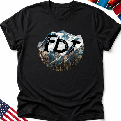 Black t-shirt with FDT logo, mountains, and forest landscape graphic.