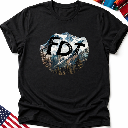 Black t-shirt with FDT logo, mountains, and forest landscape graphic.