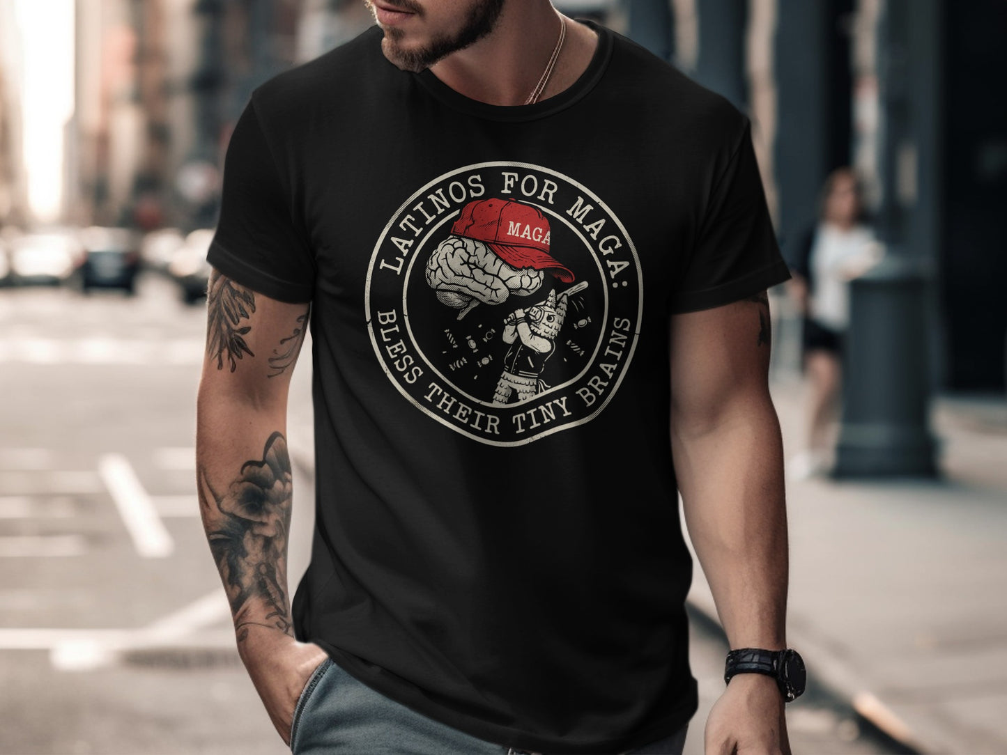 Black t-shirt with "Latinos for MAGA" text and a skull graphic.