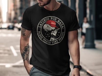 Black t-shirt with "Latinos for MAGA" text and a skull graphic.