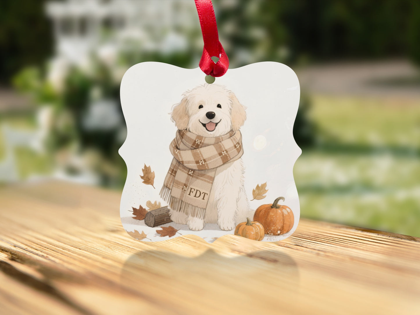 Cute Dog in Scarf with Pumpkins Holiday Ornament