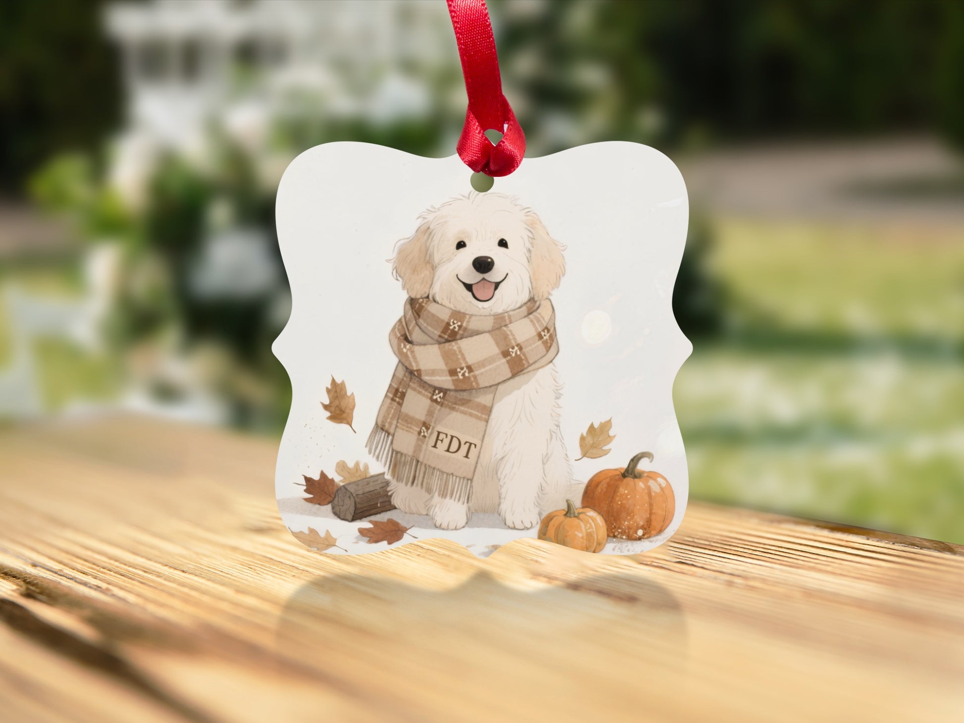 Cute Dog in Scarf with Pumpkins Holiday Ornament