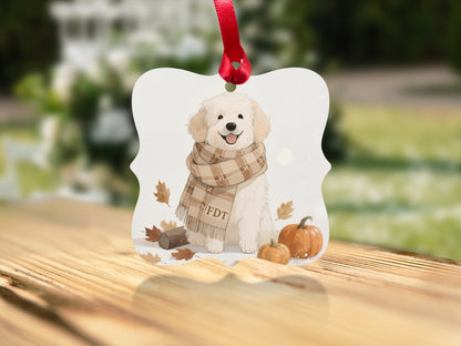 Cute Dog in Scarf with Pumpkins Holiday Ornament