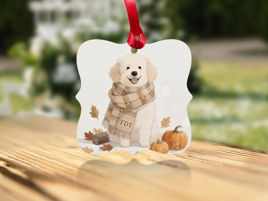 Cute Dog in Scarf with Pumpkins Holiday Ornament