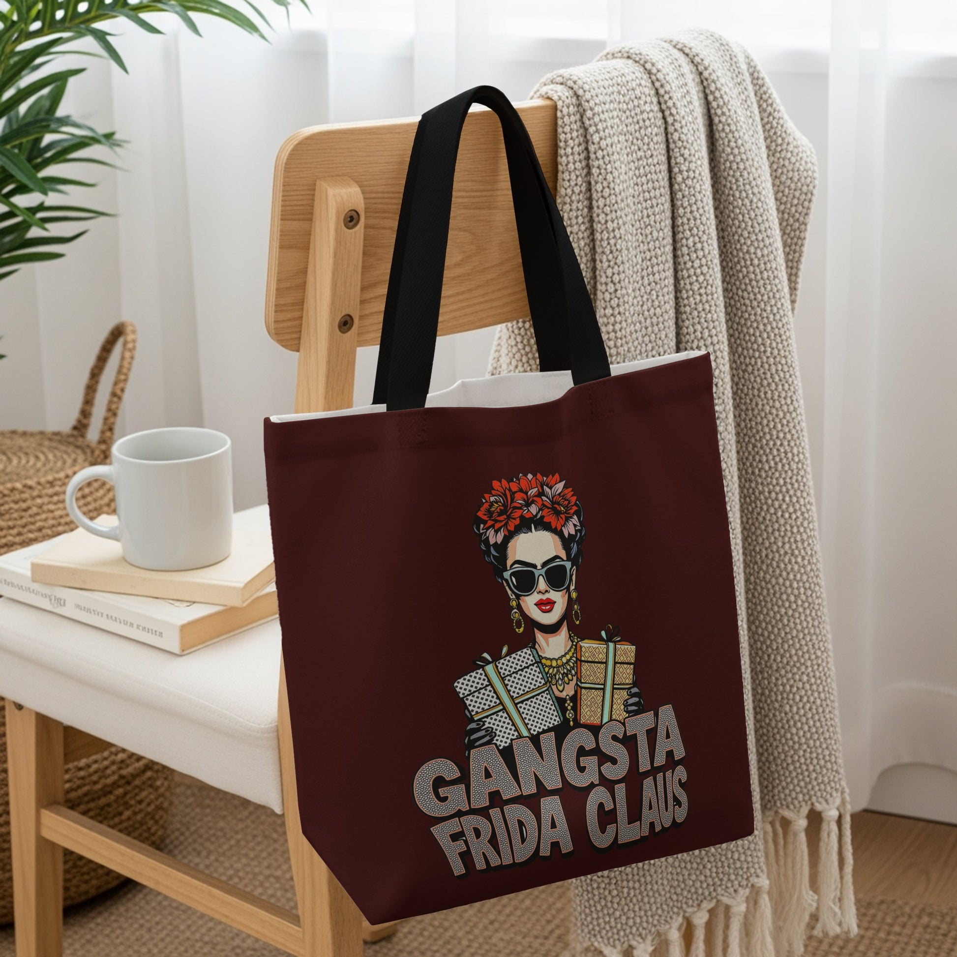 Gangsta Frida Claus Design on Maroon Tote Bag