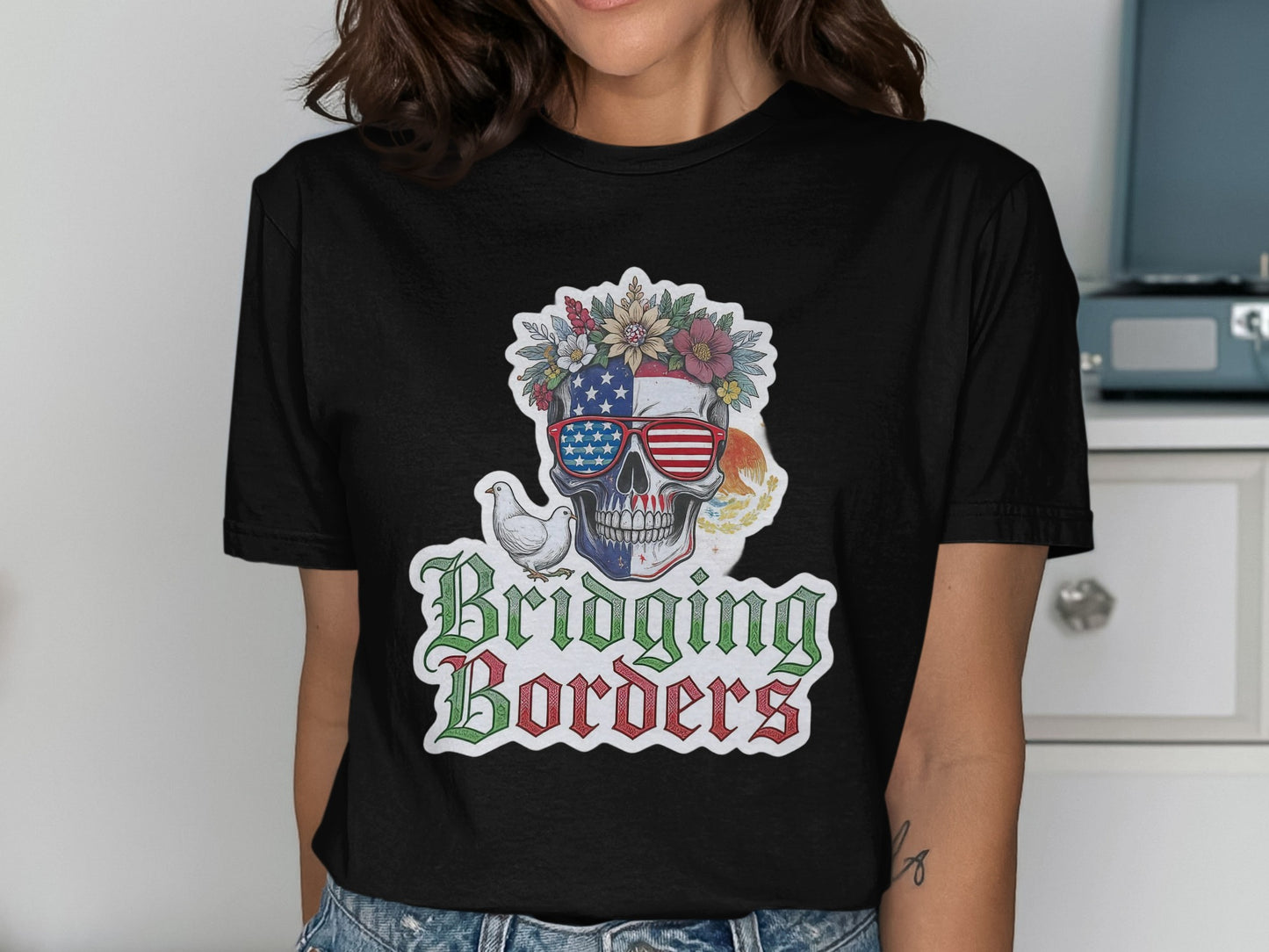 Bridging Borders Skull USA Flag Graphic T-shirt product type