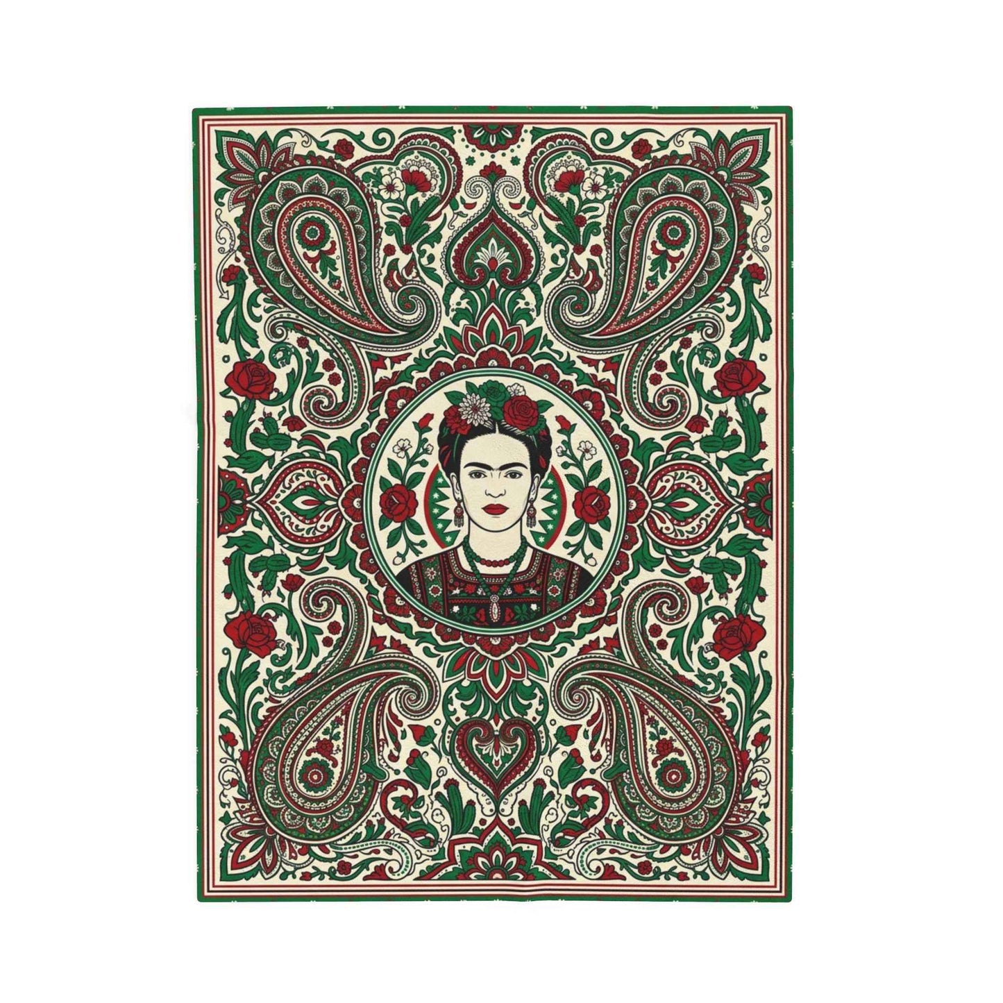 Frida Kahlo Art Blankets, Bohemian Paisley Throw Blanket, Mexican Folk Art Decor, Vibrant Red Green Floral Pattern, Artistic Icon Living