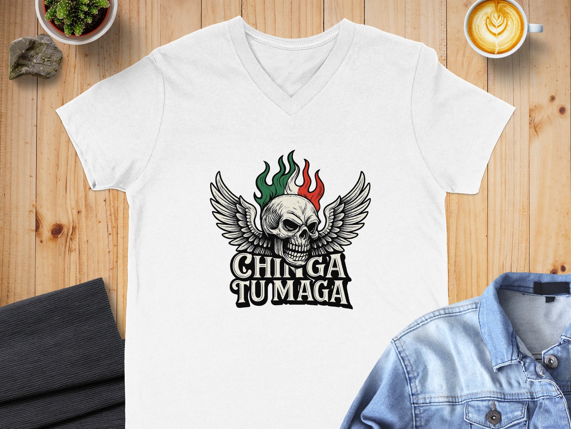 Chinga Tu Maga V-neck Skull Wings White T-shirt product