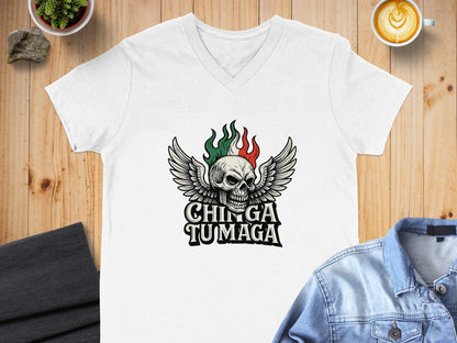 Chinga Tu Maga V-neck Skull Wings White T-shirt product