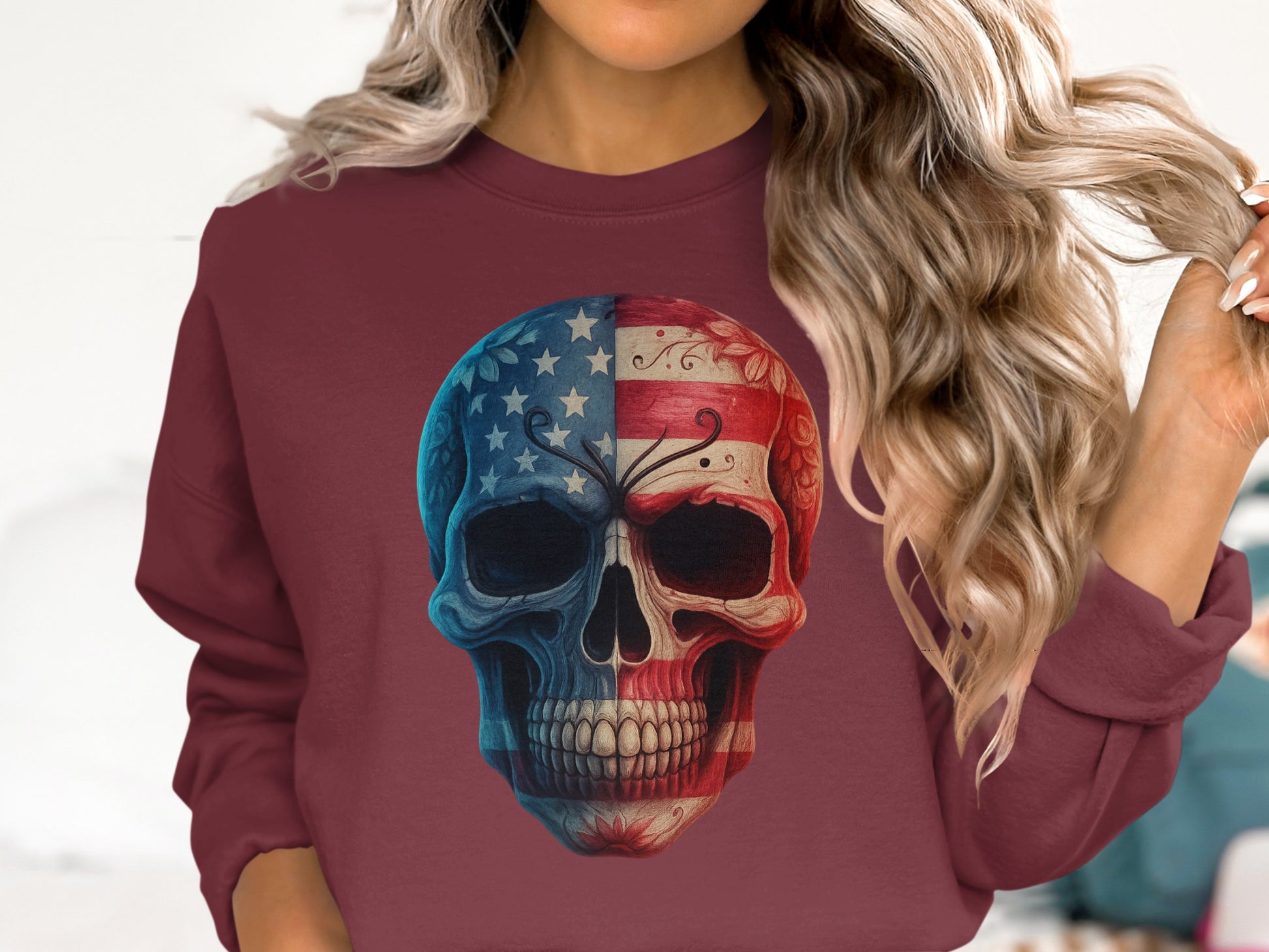 Patriotic Skull Design on Burgundy Unisex Sweatshirt Product