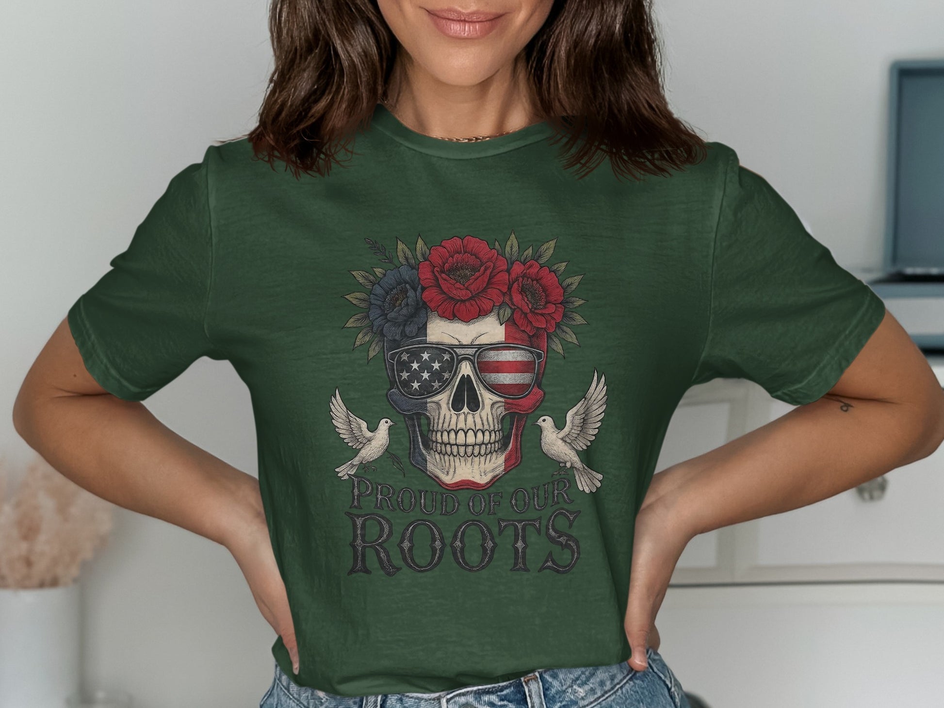 Patriotic Skull and Flowers Green Graphic Tee product type