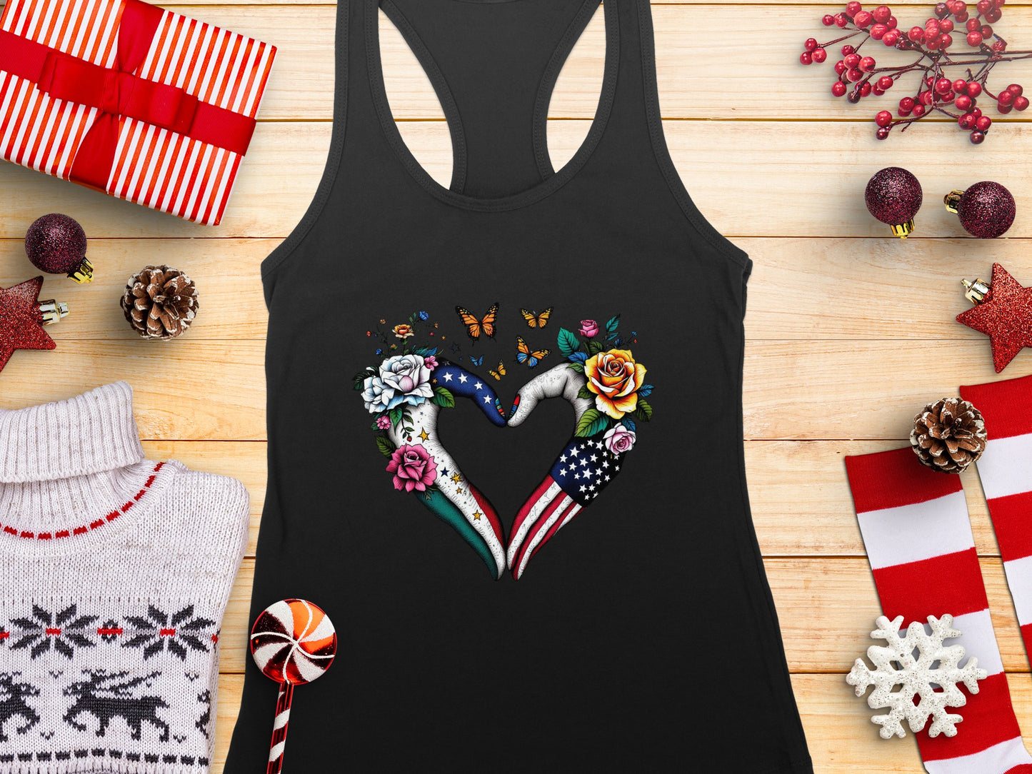 Patriotic Floral Butterfly Heart Design Womens Tank Top