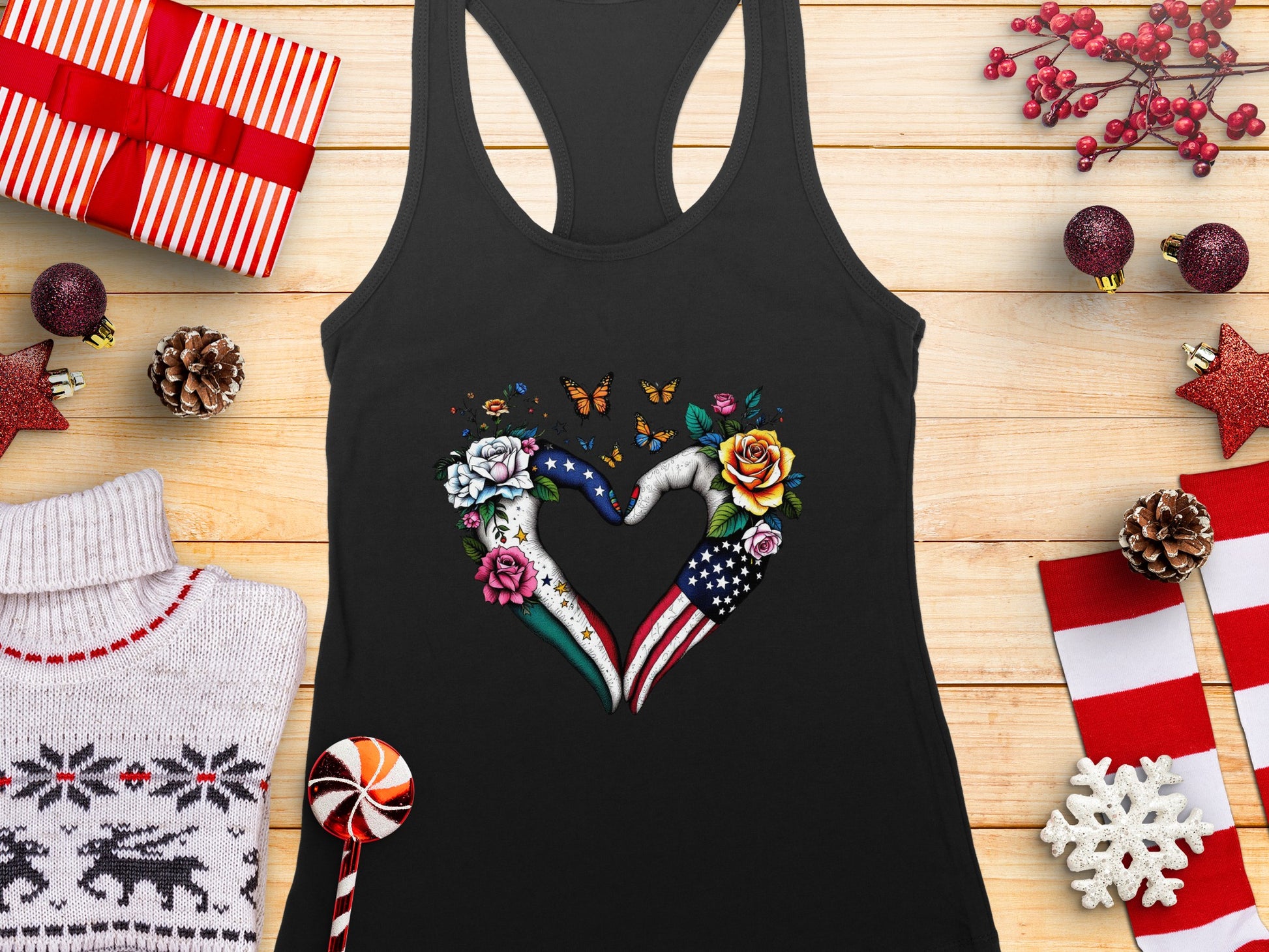Patriotic Floral Butterfly Heart Design Womens Tank Top