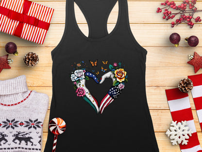 Patriotic Floral Butterfly Heart Design Womens Tank Top