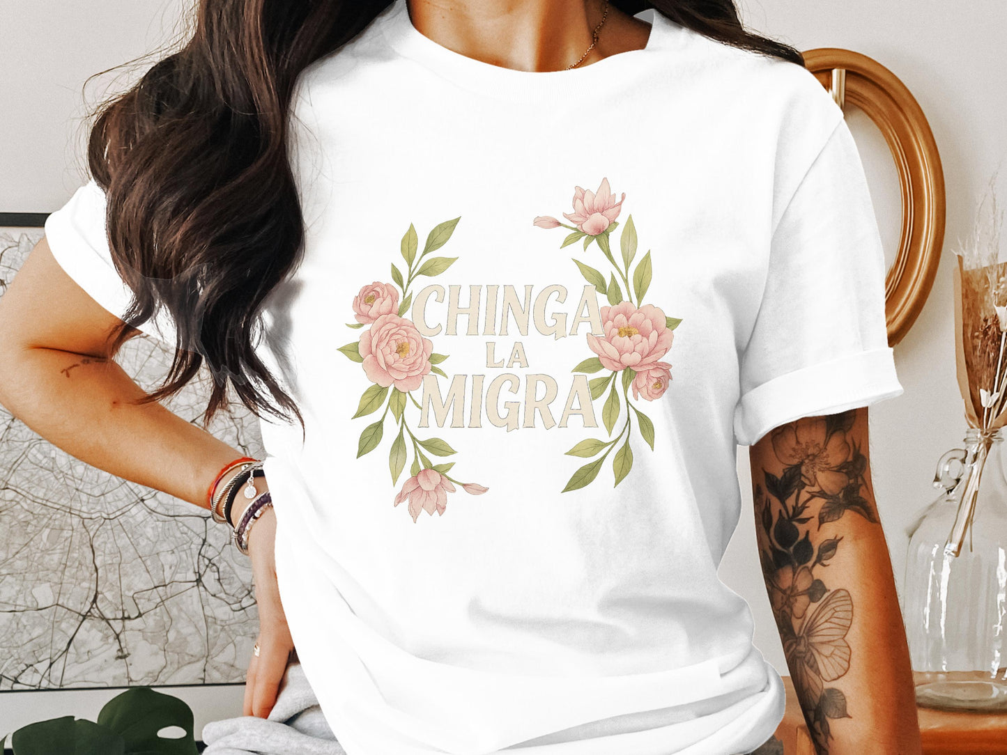 Chinga La Migra Floral Typography Graphic T-Shirt product type