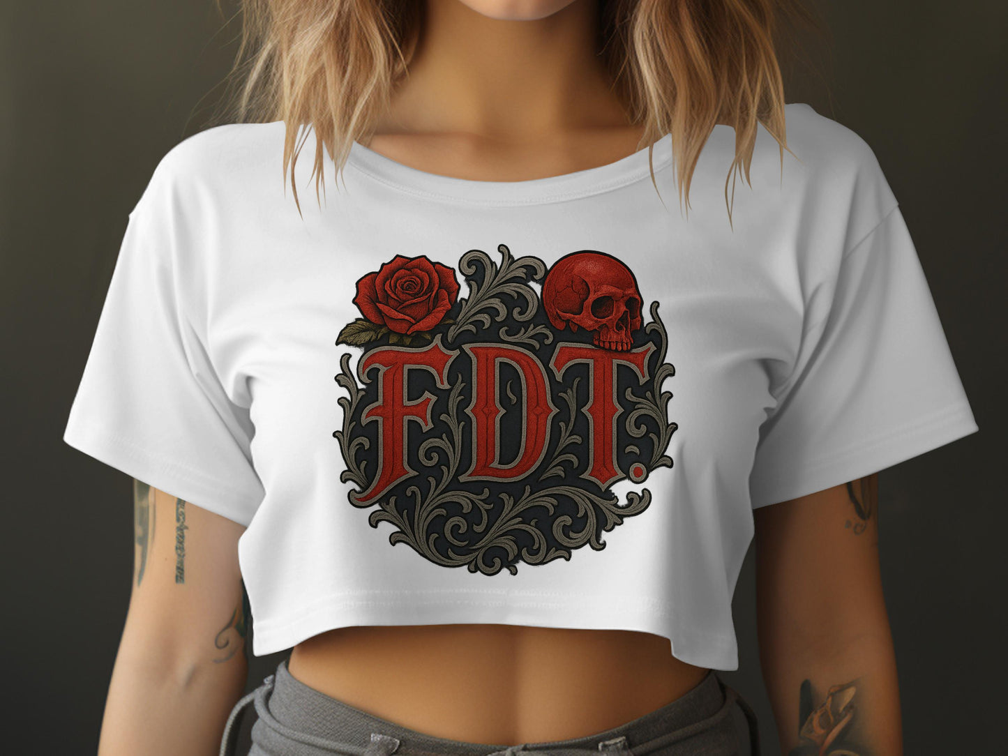 Edgy Gothic FDT Cropped Top With Rose And Skull product