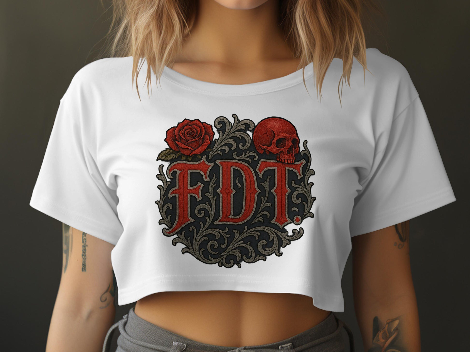 Edgy Gothic FDT Cropped Top With Rose And Skull product