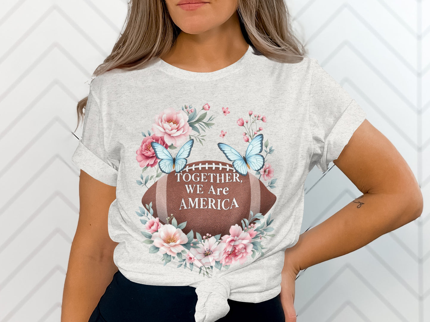 Together We Are America Football and Floral T-shirt