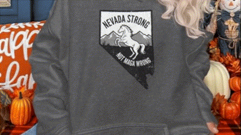 A person wearing a grey sweatshirt with a graphic design on it, standing in front of a colorful background with fall decorations.