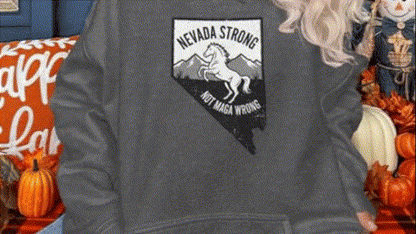 A person wearing a grey sweatshirt with a graphic design on it, standing in front of a colorful background with fall decorations.