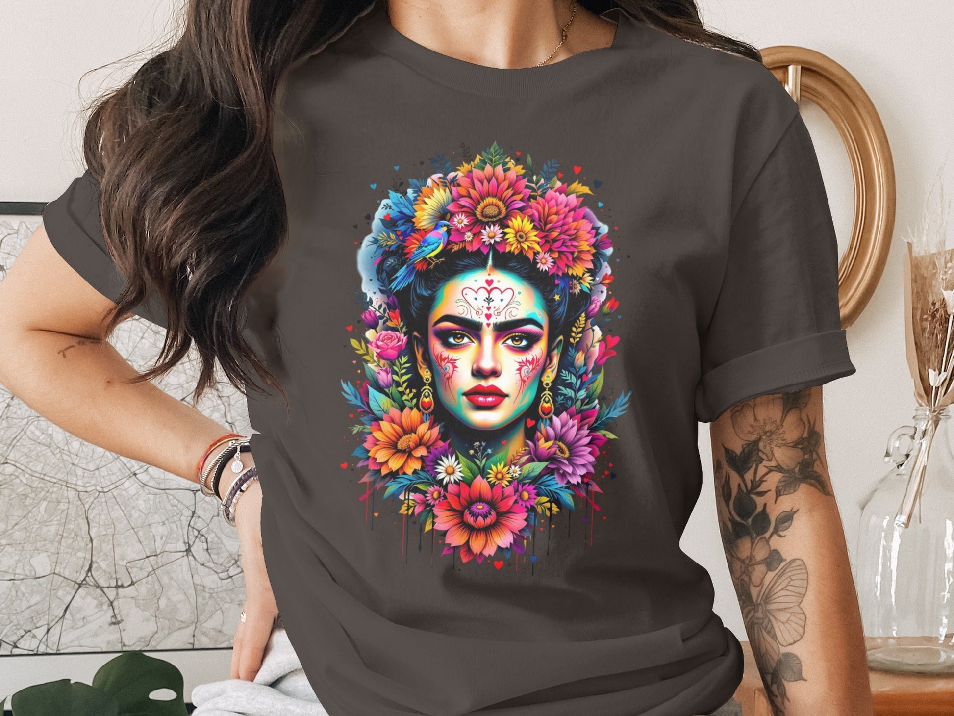 Colorful Floral Woman Face Bird Hearts Design product type