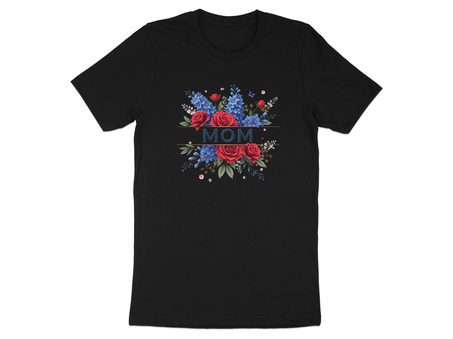 Black t-shirt with floral bouquet and "MOM" text.