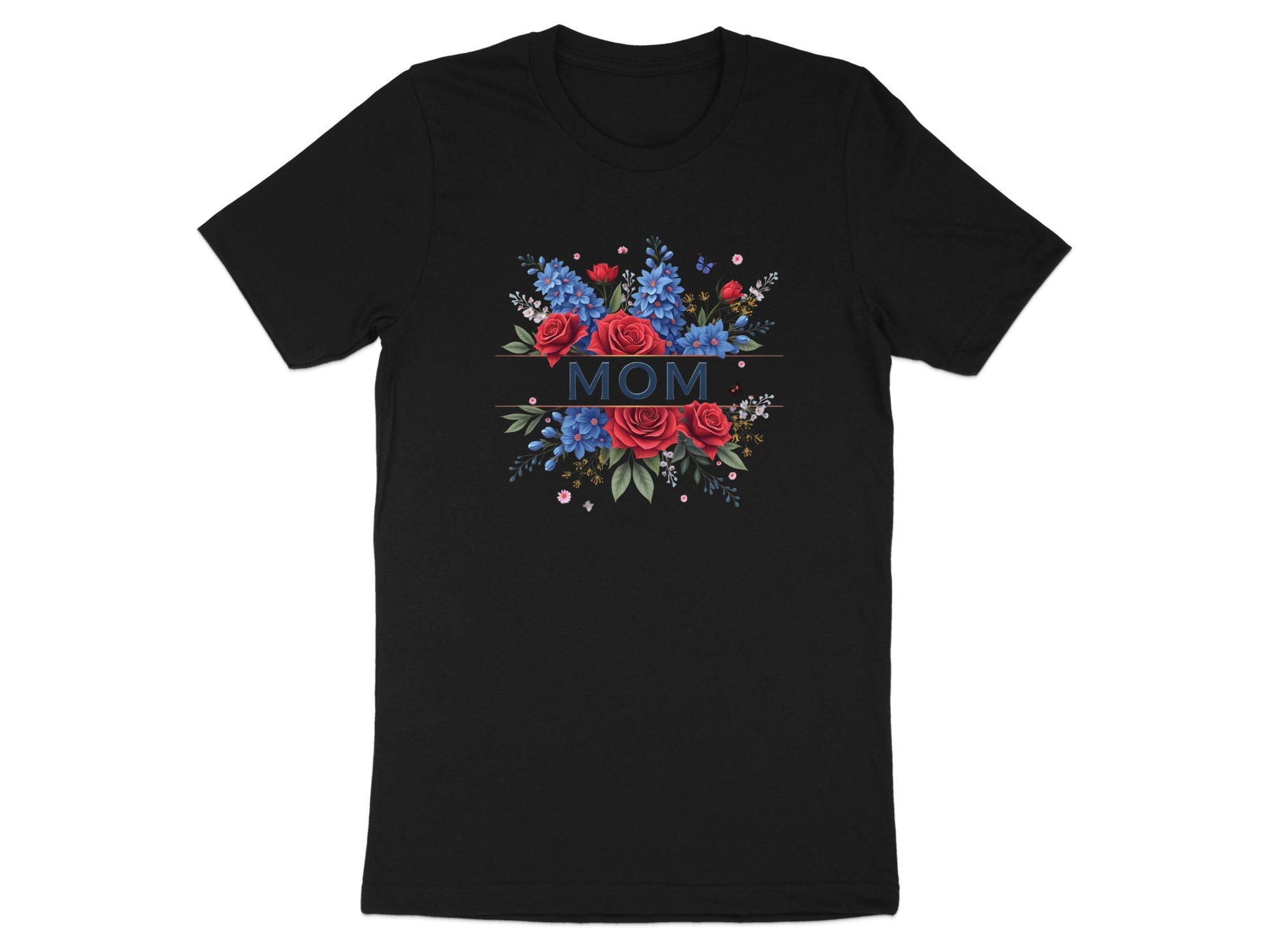 Black t-shirt with floral bouquet and "MOM" text.