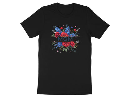 Black t-shirt with floral bouquet and "MOM" text.